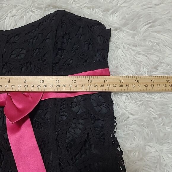Betsey Johnson Dress Sz 4 Black Pink Fit & Flare Strapless Embroidered Lace - Picture 6 of 10
